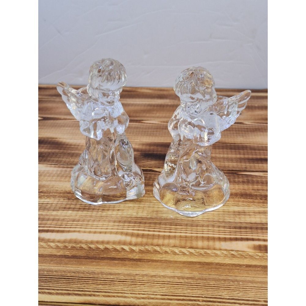 Set Of‎ 2 Kneeling CHRISTMAS TAPERED GLASS ANGEL CANDLE Holders 4.25" Tall